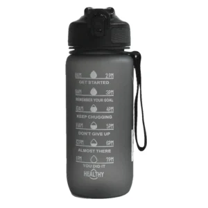 Motivational water bottle – marked with time-based hydration goals.