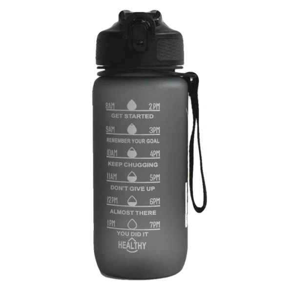 Motivational water bottle – marked with time-based hydration goals.