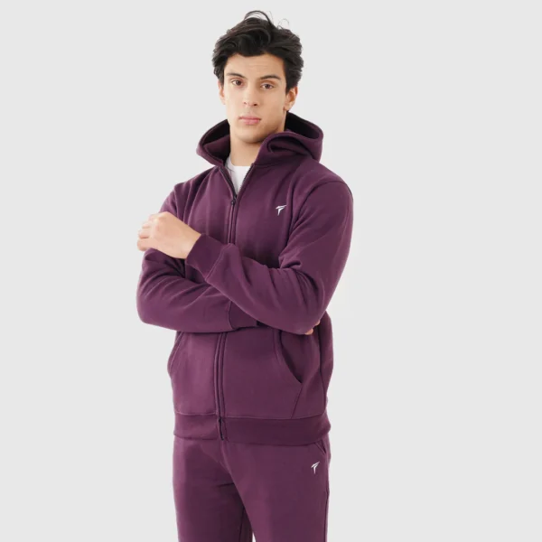 Maroon zip hoodie and matching joggers – gym apparel for comfort and style.