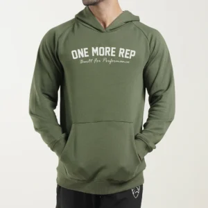 Green hoodie with One More Rep slogan – motivational gym apparel.