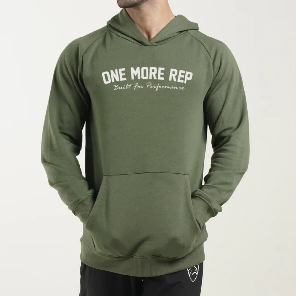 Green hoodie with One More Rep slogan – motivational gym apparel.